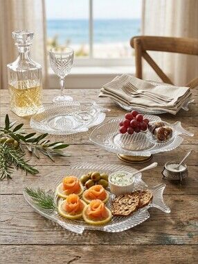 Set of 3 Vintage Arcoroc France Clear Glass Fish Serving Dishes / Platters